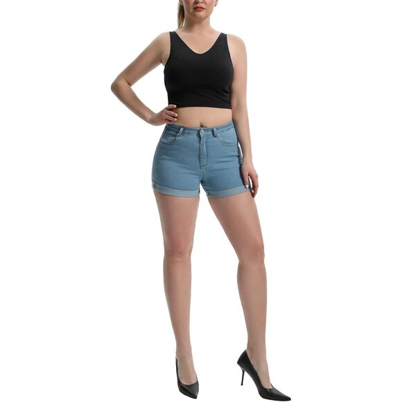 Middle Blue High Waisted Summer Elastic Folded Hot Denim Hem Shorts for Women - Picture 3 of 5